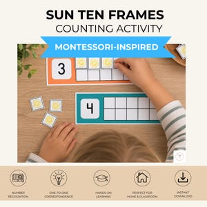 May include: A Sun Ten Frames counting activity set featuring rectangular cards with numbers 3 and 4, and square tiles with yellow sun illustrations. The activity includes a grid for placing sun tiles to practice counting and number recognition.