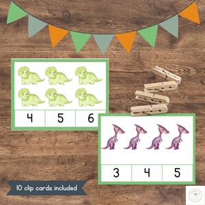 Nombre de dinosaures et cartes à clip | Comptez jusqu'à 10 | Activité de mathématiques préscolaires | Jeu de reconnaissance numérique | Exercices pratiques de comptage