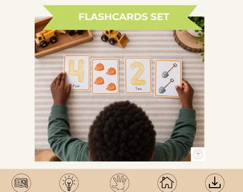 May include: A set of educational flashcards titled NUMBER-OBJECT FLASHCARDS SET. The cards feature illustrations of numbers and corresponding construction-themed objects like hard hats and shovels, with the words Four and Two printed below.