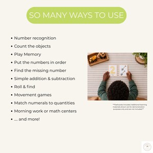 May include: A set of educational flashcards featuring the text SO MANY WAYS TO USE followed by a list of activities including number recognition, counting, and addition. The image shows two cards, one with the number 2 and one with two shovels.