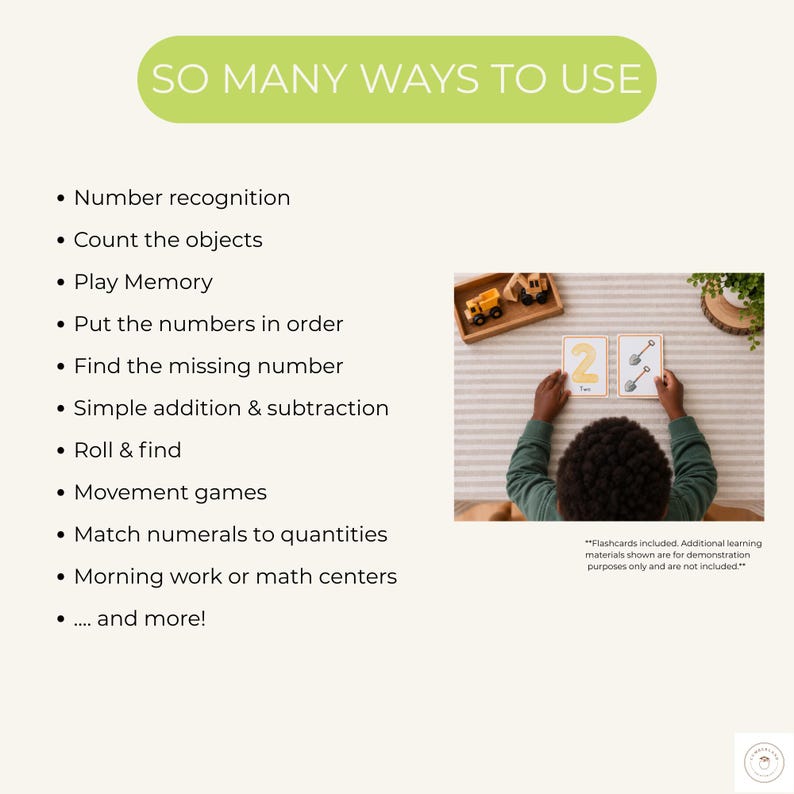 May include: A set of educational flashcards featuring the text SO MANY WAYS TO USE followed by a list of activities including number recognition, counting, and addition. The image shows two cards, one with the number 2 and one with two shovels.