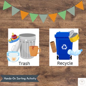 May include: Educational poster with two sections: "Trash" and "Recycle." The "Trash" section shows a trash can with a boat, diaper, and mug. The "Recycle" section shows a blue bin with a can, bottle, and cardboard tube. The text "Hands-On Sorting Activity" is at the bottom.