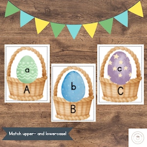 Alfabeto de Pascua: Emparejamiento de letras mayúsculas y minúsculas / Fonética / Reconocimiento de letras / Actividad del alfabeto Montessori / Centro de alfabetización