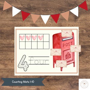 May include: A red mailbox with a white 'POST' sign and four envelopes with pink hearts on them. There are four pink hearts in a grid to count. The number '4' and the word 'four' are written in cursive. The text 'Counting Mats 1-10' is at the bottom of the image.
