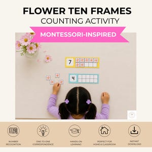 May include: A Flower Ten Frames Counting Activity set featuring rectangular cards with numbers and empty grid boxes, accompanied by small square tiles with pink flower illustrations. The text reads FLOWER TEN FRAMES COUNTING ACTIVITY.