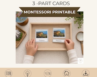 Può includere: Carte in tre parti sui rilievi geografici, set stampabile Montessori con schede didattiche che mostrano immagini di un altopiano e la parola Plateau stampata sotto. Le carte sono disposte in un vassoio di legno chiaro con una lente d'ingrandimento.