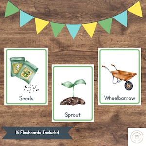 Cartes-éclair de vocabulaire de jardinage | Mots et outils pour le jardin printanier | Apprentissage de la nature Montessori pour les enfants