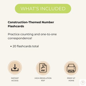May include: A digital product information sheet titled WHAT'S INCLUDED featuring Construction-Themed Number Flashcards. The text lists 20 flashcards total for counting practice. Three circular icons indicate instant access, PDF format, and print at home.