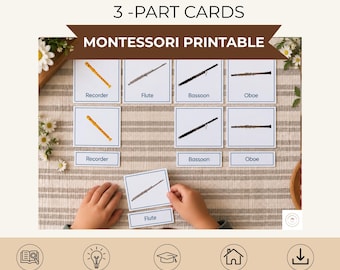 Può includere: Un set di carte in tre parti sugli strumenti a fiato in legno, con illustrazioni di flauto dolce, flauto traverso, fagotto e oboe con le relative etichette. Le carte stampabili riportano il testo WOODWIND INSTRUMENTS 3-PART CARDS.