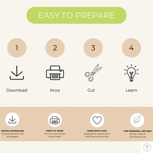 May include: An instructional graphic titled EASY TO PREPARE featuring four numbered steps: Download, Print, Cut, and Learn, represented by icons of a download arrow, printer, scissors, and lightbulb, followed by digital usage guidelines.