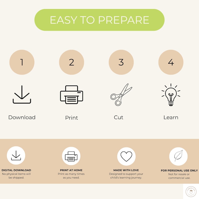 May include: An instructional graphic titled EASY TO PREPARE featuring four numbered steps: Download, Print, Cut, and Learn, represented by icons of a download arrow, printer, scissors, and lightbulb, followed by digital usage guidelines.