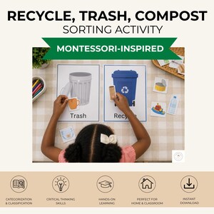 May include: A recycling, trash, and compost sorting activity set featuring printed cards with images of a gray trash can and a blue recycling bin. The set includes various small item cards for classification, with text labels reading Recycle, Trash, and Compost.