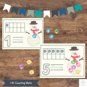 Winter Counting Mats | Numbers 1-10 | Ten Frames | Snowman Math | Number Recognition | Preschool Counting Activity
