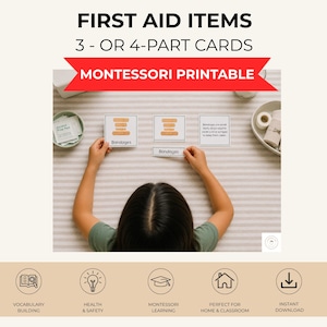 Puede incluir: Un conjunto de tarjetas Montessori imprimibles de primeros auxilios que incluye tarjetas de tres o cuatro partes con ilustraciones y texto sobre vendajes. Las tarjetas blancas con bordes negros muestran imágenes de vendajes y definiciones.