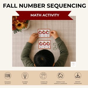 May include: Fall Number Sequencing maths activity cards featuring apple illustrations and numbers. The cards display sequences with missing digits, accompanied by clear glass tokens for placement. Text reads FALL NUMBER SEQUENCING MATH ACTIVITY.