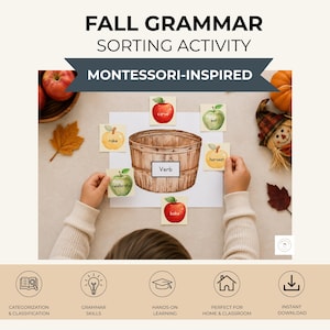 May include: A Fall Grammar Sorting Activity educational set featuring a central wooden basket illustration labeled Verb, surrounded by square cards with apple graphics and words like carve, eat, harvest, bake, and celebrate.