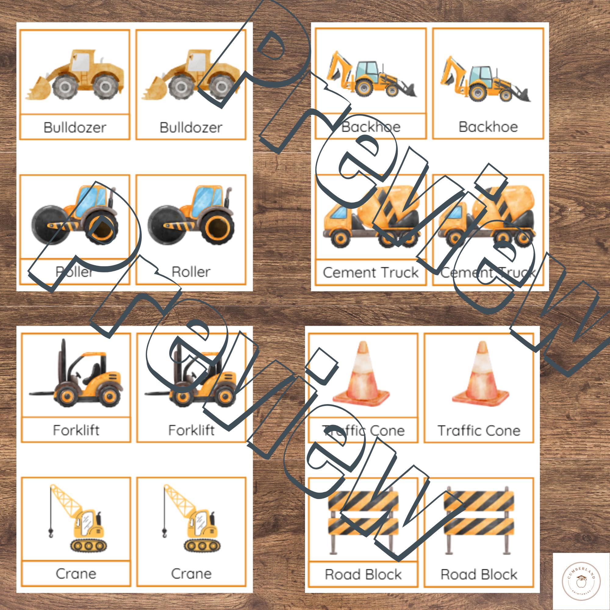 Construction Site Montessori 3-part Cards | Vehicles & Tools Vocabulary ...