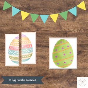 May include: Twelve printable Easter egg puzzles. Each puzzle is a half-egg with a colorful, patterned design. The puzzles are printed on white paper with a woodgrain background.