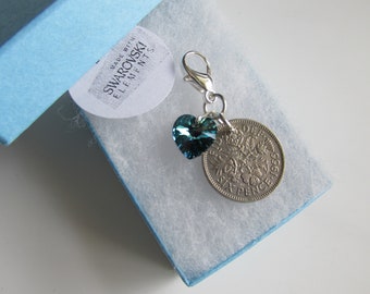 Handmade Perfect Wedding Gift For The Bride. Something Blue Swarovski Elements Bermuda Blue Heart & Lucky Sixpence Clip on Charm - Boxed