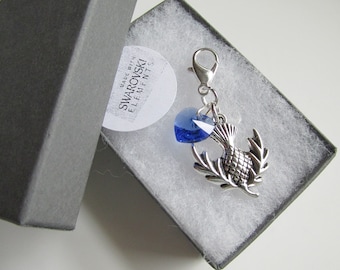 Handmade Perfect Wedding Gift For The Bride. Something Blue Swarovski Elements Sapphire Blue Heart & Thistle Clip on Charm - Boxed