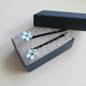 May include: Two black metal hair grips, each topped with a small, light blue five-petalled flower featuring a yellow and black centre. The hair accessories are presented inside a rectangular dark blue gift box with white foam padding.