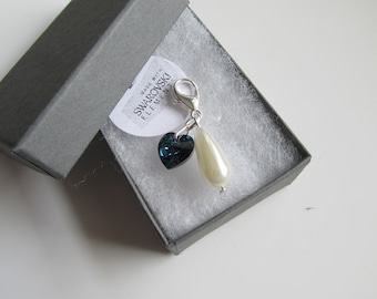Wedding Gift for The Bride - Something Blue Swarovski Elements Heart & Pearl Clip on Charm