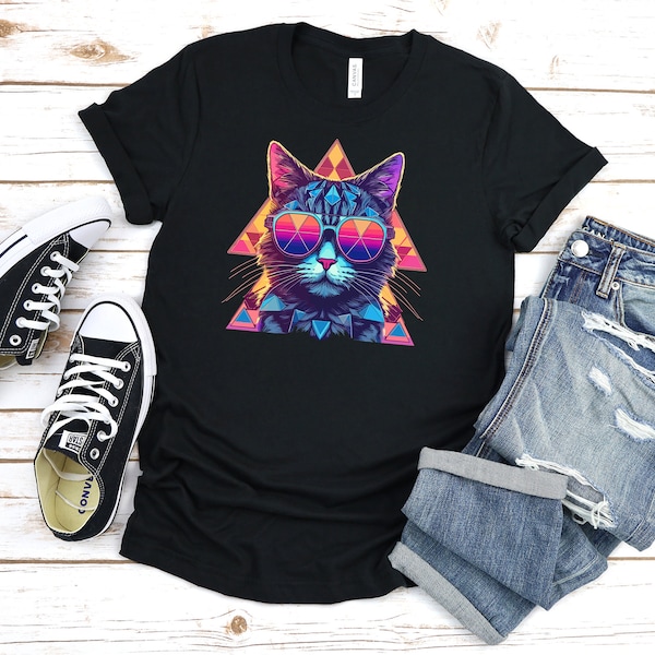 Unisex Jersey Short Sleeve Tee, Cool Cat, synthwave, graphic tee, Cats, Retro