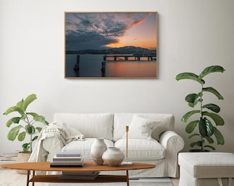 Arte de pared con puesta de sol en el puerto de Wellington, paisaje digital, decoración natural dramática, oscura y brillante, regalo perfecto para el hogar o la oficina.