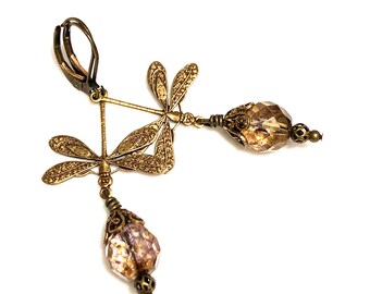 Antique Gold Finish Earrings with dangling dragonflies and crystals fashion Earrings