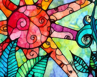 Arte de flores de sol Febre da selva Impressão de flores em mídia mista Pintura de flores Impressão de arte de sol