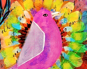 Impressão de pássaros "Máscara" flores folhas de árvores Arte de pássaros pássaros na árvore