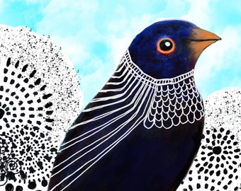 Impressão de pássaros Flores vistosas, folhas de árvores Arte de pássaros pássaros na árvore