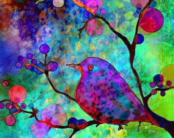 Bird Print "Enchantment" flowers  tree leaves Bird art bird in tree