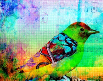 Impressão de jardim com pássaros e flores cantando pássaros