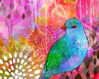 Na névoa Imprimir arte de pássaro impressão de pássaro flores jardim folhas pássaro