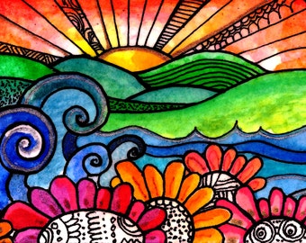 Sobre o rio, flores, impressão artística, pássaro, impressão artística, sol, floral, jardim, pintura, árvore, flores, pôr do sol