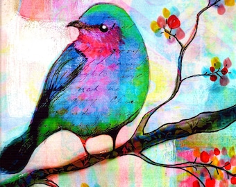 Bird Print Songbird  flowers  tree leaves Bird art bird in tree