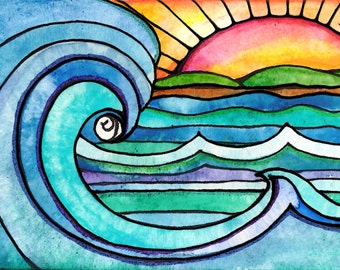 Wild Surf sunset sun art print painting beach waves ocean art  print water beach painting waves print sunrise art