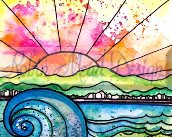 Impressão de ondas de praia do amanhecer, sol, pôr do sol, praia, nascer do sol, arte, impressão de flores