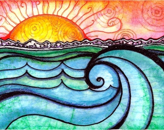 Um novo dia Surf Art ondas nascer do sol impressão oceano ondas praia pôr do sol