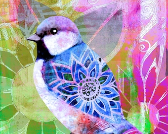 Glorious Bird Print  flowers   watercolor digital art