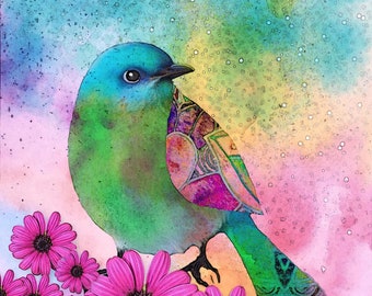 Impressão de pássaros "Jardim Místico" flores folhas de árvores Arte de pássaros pássaros em árvores