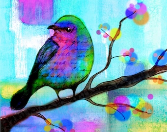 Impressão de pássaros flores árvores folhas arte de pássaros