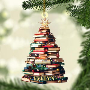 Custom Christmas Book Tree Name Ornament, Custom Bookish Ornament, Book Lover Gift, Bookworm Gifts, Book Club Ornament
