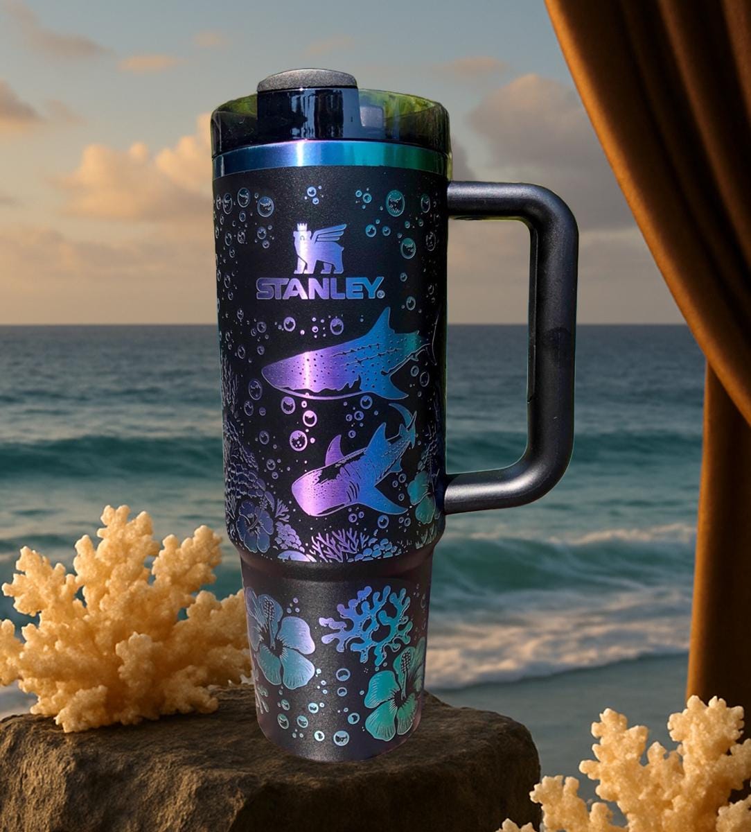 Whale Shark and Ocean Scene Engraved Tumbler 40oz, Whale Shark and Hibiscus 30oz Tumbler, Double Wall Insulated Cup, Shark Gift For Her