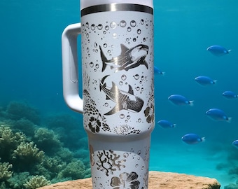 Whale Shark and Ocean Scene Engraved Tumbler 40oz, Whale Shark and Hibiscus Engraved 30 Oz Tumbler, Whale Shark, Whale Shark Gift For Her