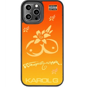 May include: Black phone case with an orange and yellow gradient design. The case features a floral graphic and the text "TROPICUETA" and "KAROL G". The top right corner has a "Parental Advisory" label.