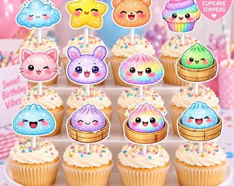 Glitter Dumpling Birthday Cupcake Toppers, Glitter Dumpling Decorations, Kawaii Dumpling Cupcake Toppers, Personalized Birthday Decor
