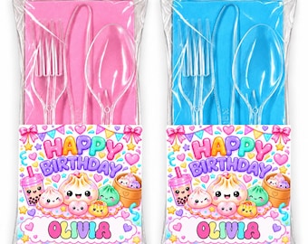Glitter Dumpling Birthday Utensils Set of 12, Cute Kawaii Birthday Party Fork Spoon Knife, Dumpling Party Tableware, Personalized Utensils