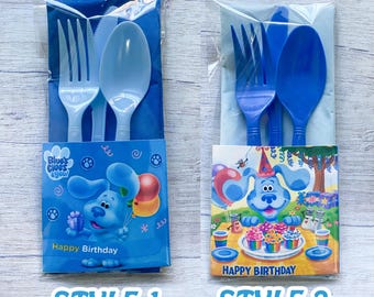 Blue Dog Birthday Party Utensil Set: Disposable, Individually Wrapped